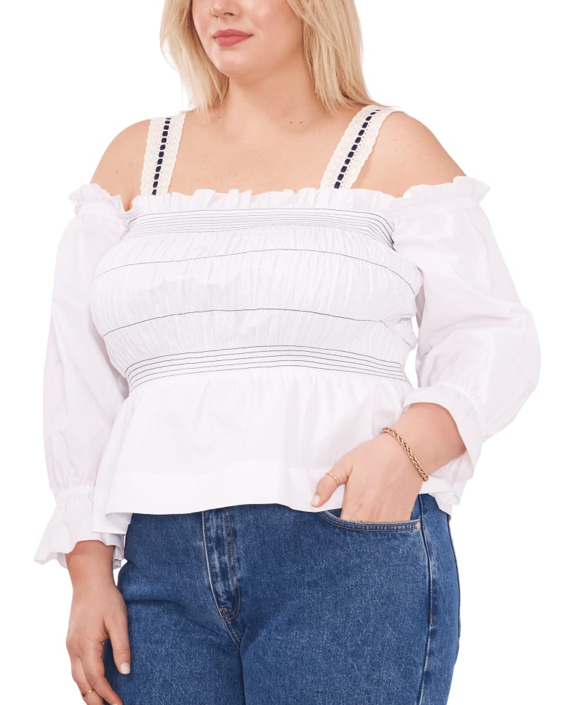 Front of a model wearing a size 0X Kiera Smocked Top in ULTRA WHITE-146 by 1.State. | dia_product_style_image_id:262531